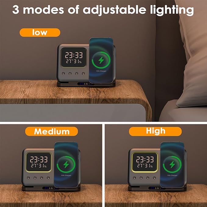 IHAO 5in1 Multi Functional Wireless Charging Station Digital Clock 15W Fast Charging Temperature Display Wireless Charger for All Qi Phone and TWS Headphone Compliant with Apple Watch-DH15 Black