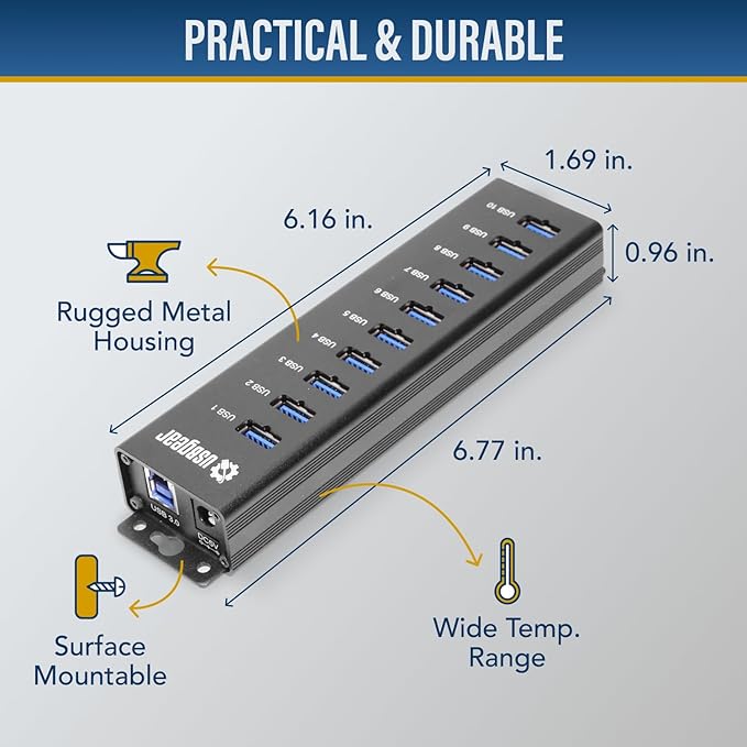 USBGear 10-Port USB Hub 3.2 Gen 1 ??Mountable SuperSpeed Data Hub with USB Ports for Laptop, PC, Desktop, and More, 5V/4A Power Adapter with Type-A to Type-B Cable (3ft), Computer Accessories