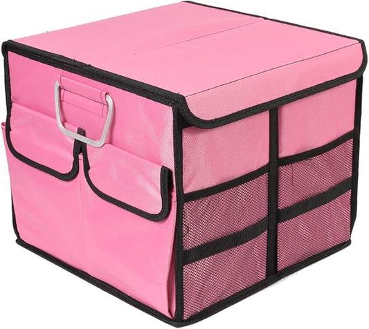 Car Trunk Organizer Collapsible Portable Multi Compartments Organizer with Non Slip Straps for SUV Truck Auto Vehicle Car Auto Minivan (Small covered, Pink)