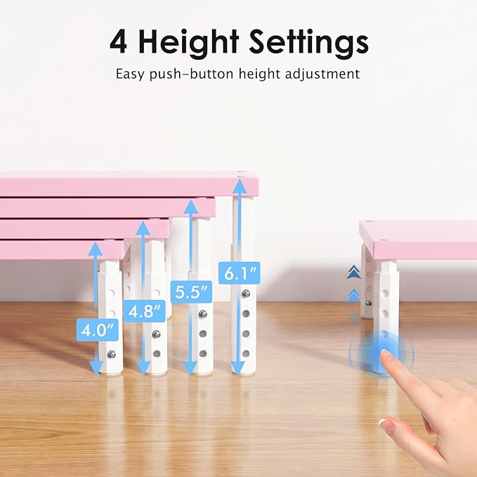 ECOLOVI 4-Height Adjustable Wood Computer Monitor Stand Riser, Desktop PC Printer Laptop Stand for Desk Organizer and Accessories, Office Desk Decor & Accessories for Women, Pink