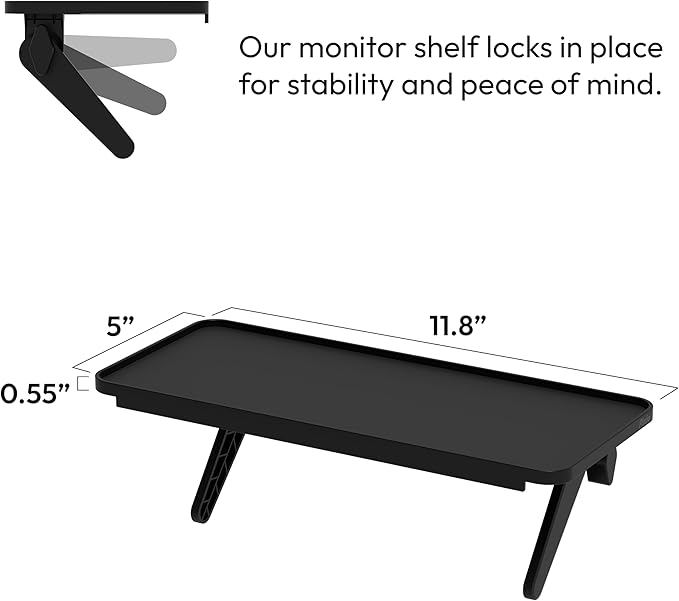 Pixio 12 inch Black Monitor Storage Top Shelf - Adjustable Platform, Universal Fit, Holds Up to 13lbs, Works on TV, Flat, Curved Monitors, Storage for Webcams, Clocks, Phone, Figures