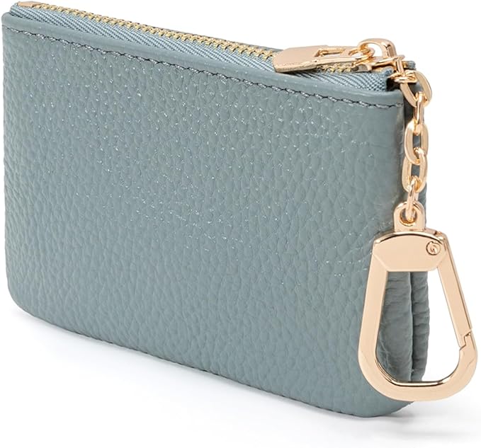 Full Grain Leather Coin Purse with Key Chain - Small Change Purse Keychain Card Holder Keychain Pouch Small Keychain Wallet for Women and Men (Powder Blue)