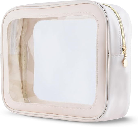 Clear Makeup Bag for Women, Large 11-Inch Transparent Travel Toiletry Bag, PU Leather Cosmetic Pouch Organizer with Smooth Gold Zipper, Portable Wash Bag for Luggage & Carry-on (Beige/Black)