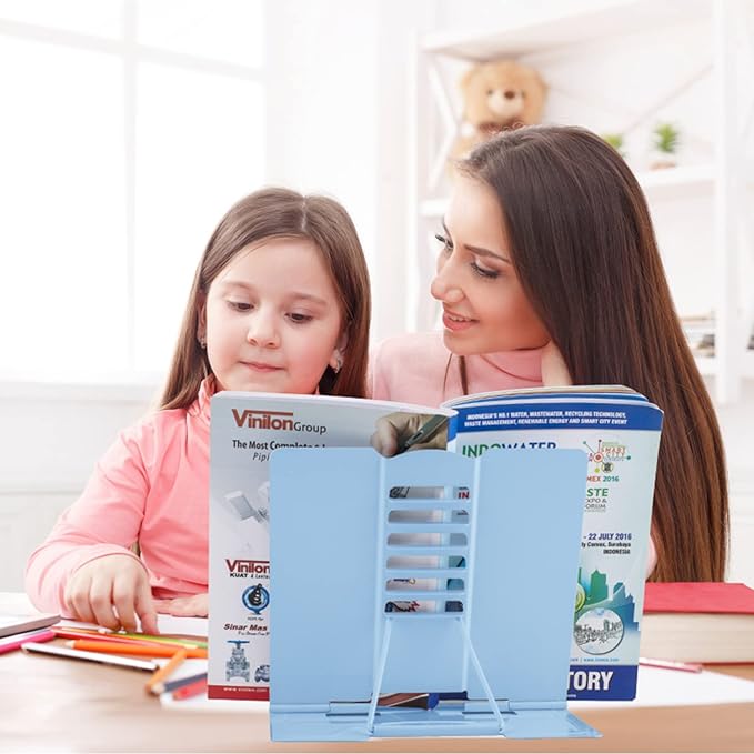Honagu Metal Desk Book Holder, Hands Free Adjustable Cookbook & Document Holder, Portable Bookstand for Music Books, Textbooks, Recipes, Tablets & iPads (Light Blue)