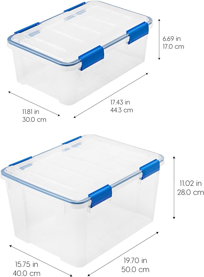 IRIS USA WeatherPro 27 & 44 Qt Storage Bins with Lids, 4 Pack, BPA-Free Plastic Gasket Box with Tight Latch and Seal, Stackable Nestable Tote Tub - Clear/Blue