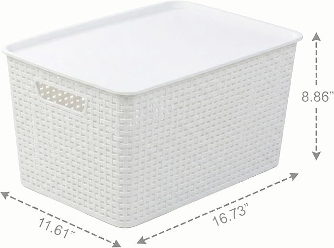 BINO | Plastic Storage Baskets with Lids, 22 Liter - 3 Pack, White | THE WOVEN COLLECTION | Storage Basket for Shelves | Woven Storage Baskets for Organizing Bins Pantry Shelf Organizer Container Bin