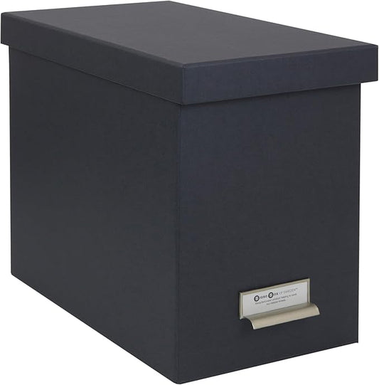 Bigso John Fiberboard Label Frame Desktop File Storage Box - Document Organizer for Important Paperwork - Durable Hanging File Box with a Lid & Metal Label Window - 7.36 x 13.38 x 10.51 in - Dark Grey