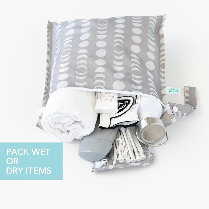 Bumkins - Waterproof Wet Bag & Clear Travel Bags - For Beach, Baby, Travel, Swim Suit, Cloth Diapers, Pump Parts, Pool, Gym, Toiletries - Reusable & Easy to Clean - Lunar Gray - 4 Pack
