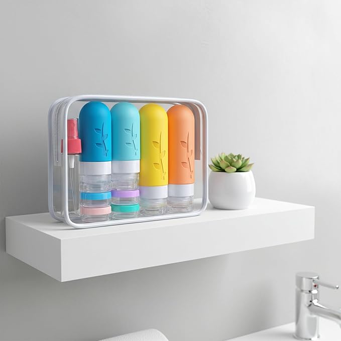DEPOZA Travel Bottles Kit (16 Pack) - TSA Approved, Leak Proof Silicone Squeezable Containers for Toiletries. Complete Set with Jars, Sprayers & Bag (White)