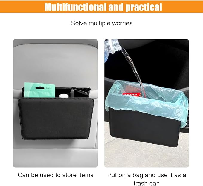 Car Trash Can, Auto Leather Trash Bin Garbage Organizer Holder with One Roll Trash Bag, Mini Foldable Dustbin Storage Bag Container, Multi-Function Trash Box for Car SUV (Black)