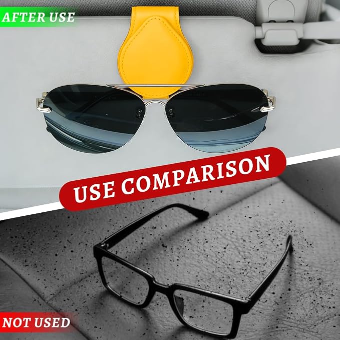 Sunglasses Holders for Car Visor, PU Leather Car Organizer, Magnetic Glasses Holder and Ticket Card Clip, Multi-Functional Auto Sun Visor Eyeglass Holder for Most Vehicles (Yellow)