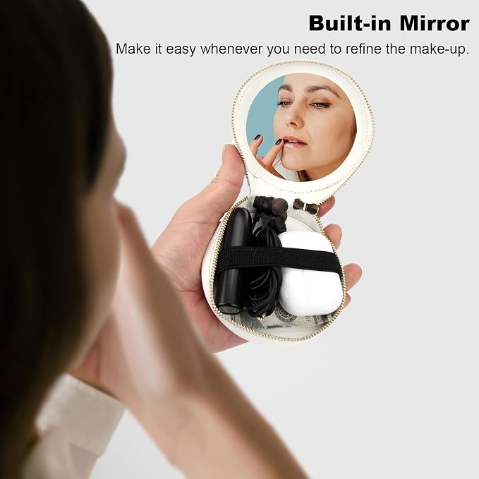 Bocasal Coin Pouch Mini Lipstick Cosmetic Bag with Airtag Holder Mirror, Leather Zipper Travel Makeup Bag Organizer Keychain Ring Clasp for Key Earbuds Earphone Lip Gloss Chapstick Women Girls (White)