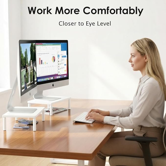 OPNICE Monitor Stand Riser for Desk, Adjustable Computer & Laptop Stand, Desk Organizer for Monitor, Laptop, PC, Printer, Office Desk Accessories for Home & Office, White Wood