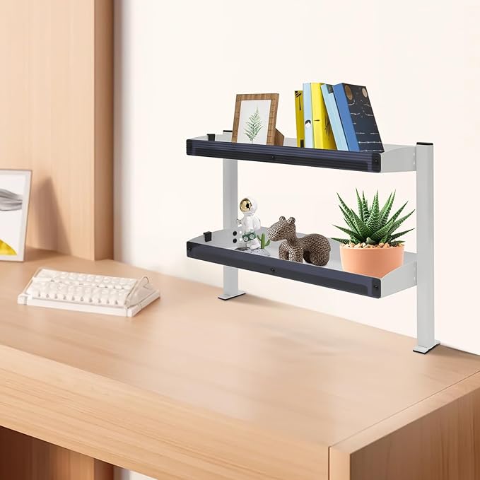 Clamp-On Desk Shelf, 17.32" Clip-On Desk Shelf 2-Tier Shelving with Adjustable Storage Tray Desktop Shelving System Dresser Top Organization Storage for Office Home Gaming (White)