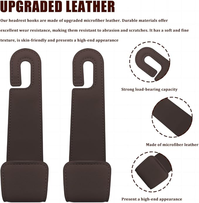 Car Seat Headrest Hooks, Purse Hook for Car, Automotive Headrest Handbags Holder, Auto Accessories Leather Seatback Organizer Hanger for Hanging Purses Bags Coats (Brown, 1PCS)