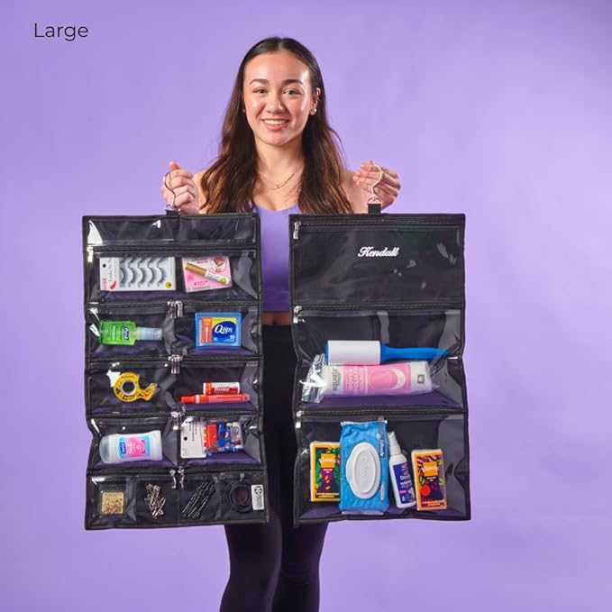 On-The-Go Organizer, 14 Clear Vinyl Pockets, Hanging Travel Case for Makeup and Accessories, 13.5 x 24 inches (Raven, Large)