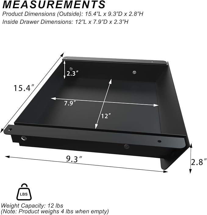 Under Desk Mounted Sliding Drawer with 60 Degree Tilt Panel to Pull Out, 15'' Long & 9'' deep Large Storage Organizer for Sit Stand Workstation