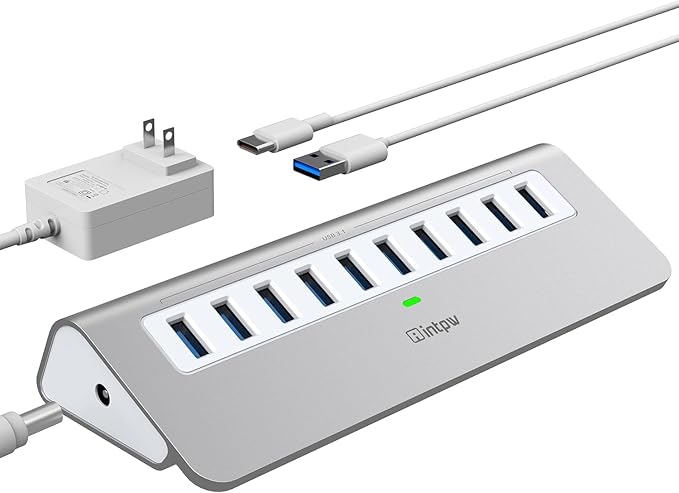 Powered USB Hub 10Gbps, 10 Port USB 3.2 Gen 2 Hub with 10Gbps Data Transfer, 36W(12V/3A) Power Adapter, Type A and Type C Cable, Aluminum USB Data Hub for Mac, PC, Laptop