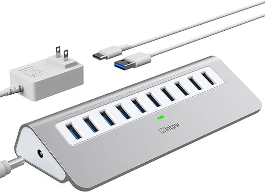 Powered USB Hub 10Gbps, 10 Port USB 3.2 Gen 2 Hub with 10Gbps Data Transfer, 36W(12V/3A) Power Adapter, Type A and Type C Cable, Aluminum USB Data Hub for Mac, PC, Laptop