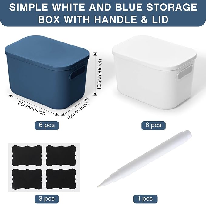 Thyle 12 Pack Blue White Plastic Storage Bins with Lids, Back to School Stackable Storage Container with Handle Label for Organizing Toy Craft for Classroom Shelf Bedroom Office 10 x 7 x 6 Inch