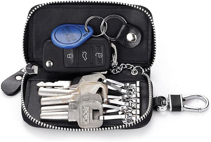 WESTONETEK Unisex Mens Womens Premium Leather Car Key Holder Bag Keychain Case Wallet with 6 Hooks Zipper Closure