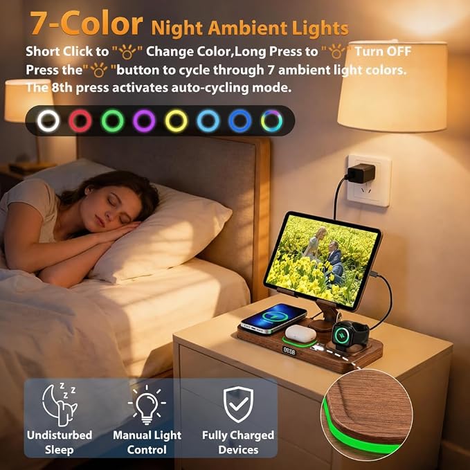 30W Charging Station for Apple Products,Foldable Wireless Charger with Clock Display&7 Color Light,Wired Charging for iPad/Tablet Charging Station for iPhone17, for Apple Watch11for AirPods4(Woodgrain