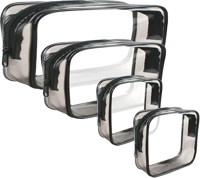 4 Pack Clear Cosmetic Bag for Travel - TSA Approved Toiletry Makeup Pouch - Carry-on Airport Airline Compliant - Portable PVC Waterproof With Zipper for Women - Quart Size Set