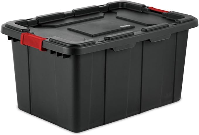 Sterilite 4-Pack Industrial Tote, Plastic Storage Bins with Lids, 27 Gallon, Black - Heavy-Duty Organizing Containers for Closet, Bathroom, and Office