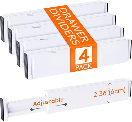 Lifewit 4 Pack 2.36" High Drawer Dividers 28-43.5cm/11-17" Adjustable Drawer Organizer for Clothes/Utensils, Expandable Drawer Separator in Dresser/Kitchen/Bedroom/Office Organization & Storage White
