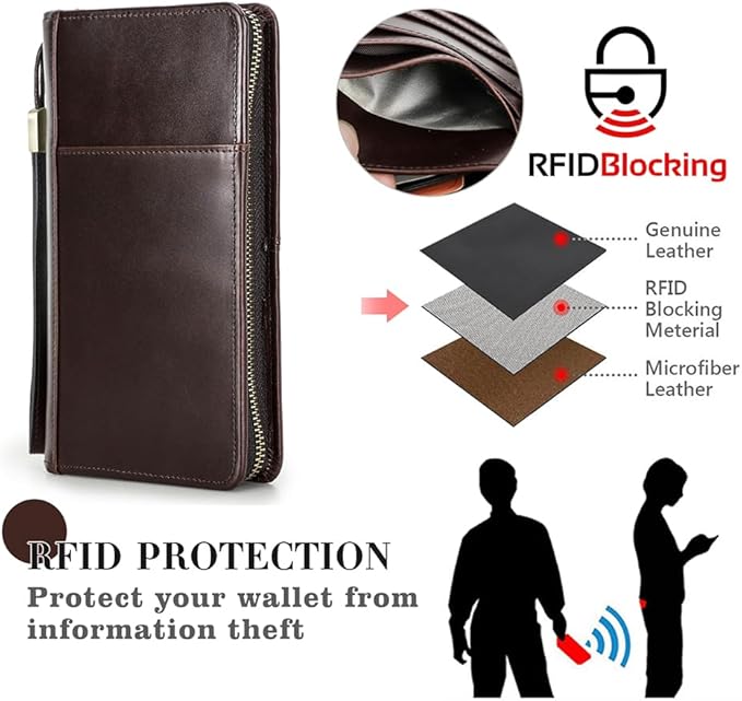 CONTACTS Travel Passport Wallet for 4 Leather Family Passport Holder Clutch Wallet Zipper Wrist Card Purse RFID Blocking with 13 Card Slot Fit up 4 Passports
