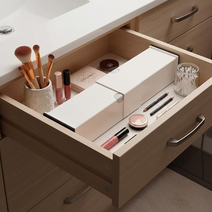 Expandable Drawer Organizer Insert - Tool-Free Adjustable Divider for Kitchen, Bathroom & Office Storage (1 Piece, White)