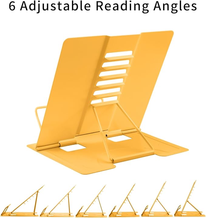 MSDADA Desk Book Stand Metal Reading Rest Book Holder Adjustable Cookbook Documents Holder Portable Sturdy Bookstands for Recipes Textbooks Tablet Music Books (Yellow)