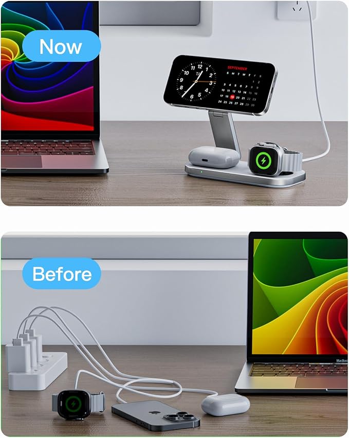 Keepro 3-in-1 Charging Station for Apple Device, Foldable Magnetic Wireless Fast Charger Stand Compatible with MagSafe for iPhone 17e/17/16/15/14/13/12/Air Series, Apple Watch & AirPods-White