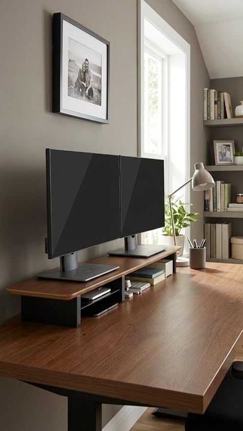 Walnut Monitor Stand for Desk (44 Inch) Large Monitor Stands for 2 Monitors, Desk Shelf for Top of Desk Walnut Monitor Shelf
