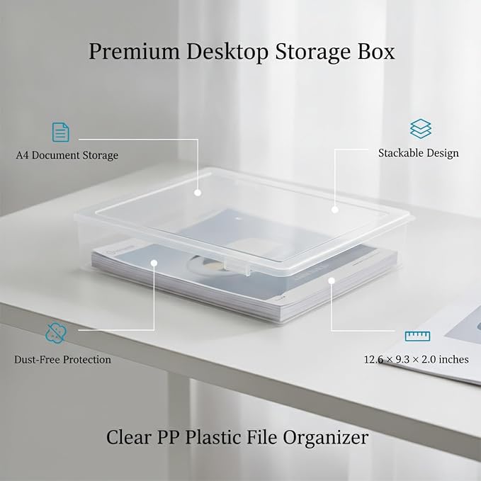 Clear PP Plastic Document Storage Box with Lid, Stackable A4 File Organizer Bin for Office Desk & Home Study (1 Pack)