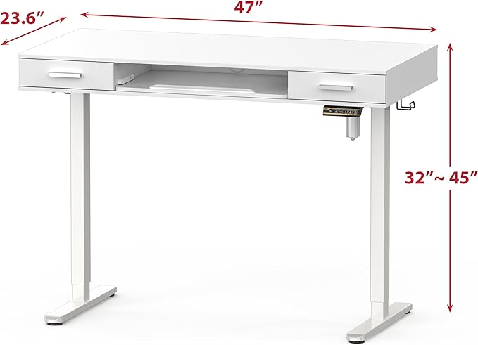 SHW 48-Inch Electric Height Adjustable Desk with Keyboard Tray and 2 Drawers, White