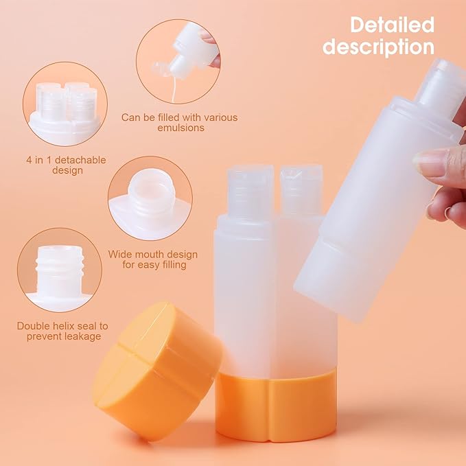 Olatay Travel Bottle, TSA approved 4-in-1 Leak-Proof Bottle, 4 * 60ml/2oz, with 2 Pre-printed Labels for Travel Gym Camping, Carry-On Travel Size Toiletries Shampoo Lotion Bottle for Women Men（Orange）