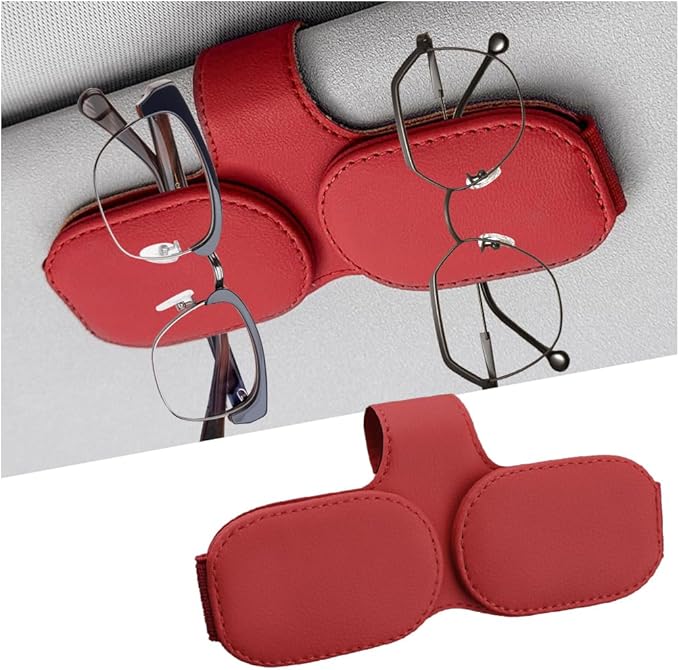Sunglasses Holders for Car Visor, Magnetic Leather Vehicle Glasses Hanger with 2 Clips, Auto Interior Eyeglass Mount Organizer Accessories, Universal Fit (Red)