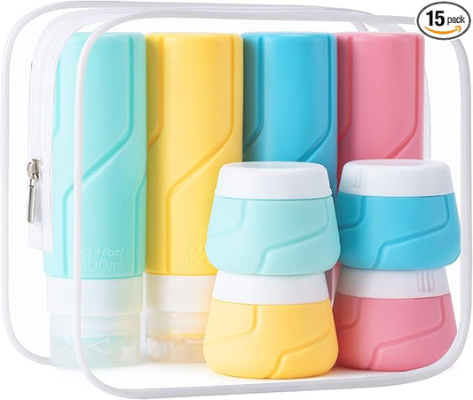 Travel Bottles - 15 Pack, TSA Approved Travel Size Toiletries, Leak Proof Silicone Squeezable Containers in Clear Bag(Colorful)