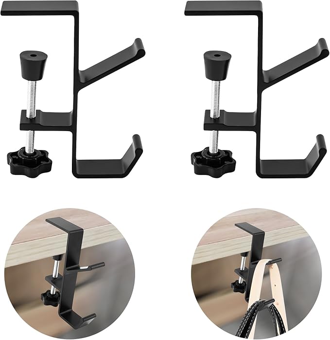 Desk Mount Bag Holder Hook Clamp,On Backpack Hanger Portable Desk Mount Headphones Holder for Reduce Desk Clutter Table Desk Table Hanging Storage(2 Pcs-Double Hook Black)