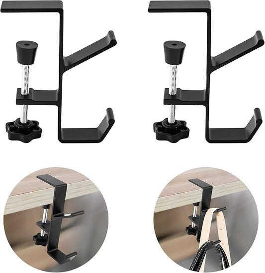 Desk Mount Bag Holder Hook Clamp,On Backpack Hanger Portable Desk Mount Headphones Holder for Reduce Desk Clutter Table Desk Table Hanging Storage(2 Pcs-Double Hook Black)