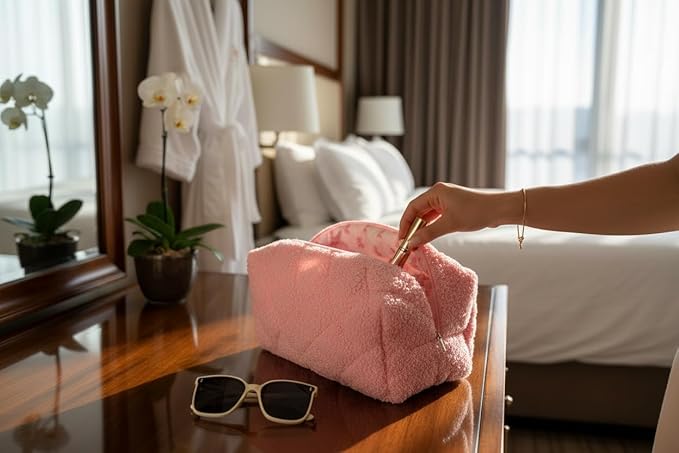 Plush Pink Sherpa Hair Tool & Makeup Travel Bag – 4 Pocket Cosmetic Organizer with Zipper Closure, Skincare & Beauty Accessories