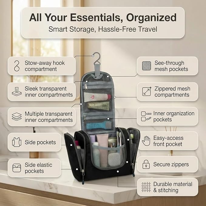 Bago Travel Toiletry Bag for Women and Men - Large Waterproof Hanging Large Toiletry Bag for Bathroom and Travel Bag for Toiletries Organizer -Travel Makeup Bag (Black)