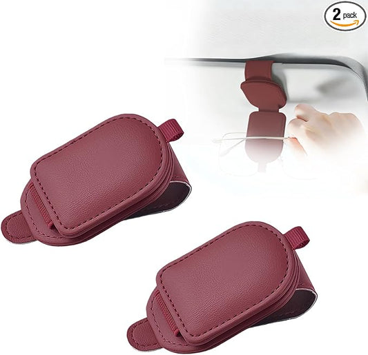Sunglass Holder for Car Visor, Magnetic Leather Eyeglass Holder, Universal Car Sunglass Organizer Visor Accessories for SUV Truck Pickup, 2 Pack (Red)