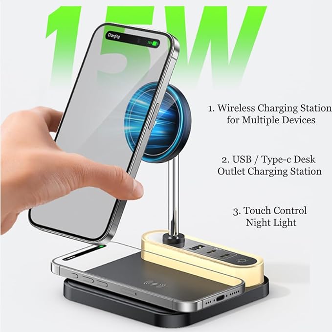 4-in 1 Magnetic Wireless Charging Station with Night Light, 15W Fast Mag-Safe Charge for iPhone 16/15/14/13/12 & AirPods, 3-Port Hub (2xType-C, 1xUSB) for Home, Office, Hotel