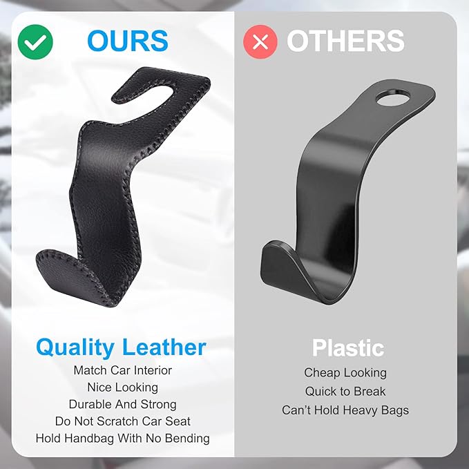 EldHus Seat Hooks for Purses and Bags, 4 Pack Car Purse Holder for Grocery Bag Handbag Clothes, Metal Headrest Hooks Covered by Leather, Black
