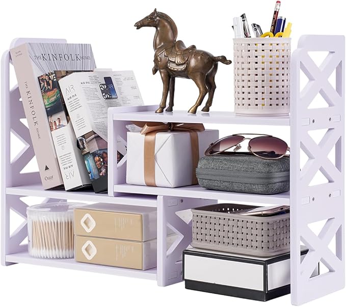 Felmis Desk Organizer Shelf, White Adjustable Small Bookshelf, Expandable Book Shelves for Classroom Office Dormitory Home