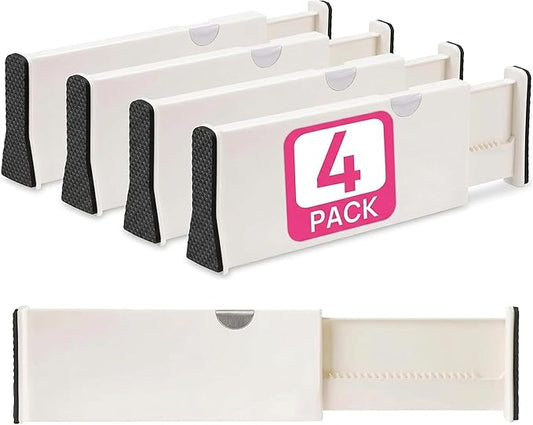 4 Adjustable Drawer Dividers, Organize Silverware and Utensils in Home Kitchen, Divider for Clothes in Bedroom Dresser, Designed to Not Snag Underwear and Bra Fabrics, Bathroom Storage Organizers