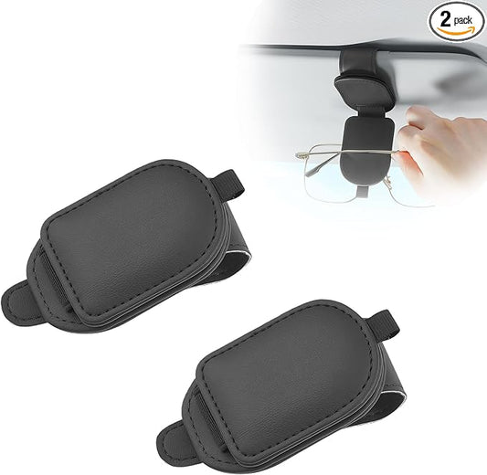 Sunglass Holder for Car Visor, Magnetic Leather Eyeglass Holder, Universal Car Sunglass Organizer Visor Accessories for SUV Truck Pickup, 2 Pack (Black)