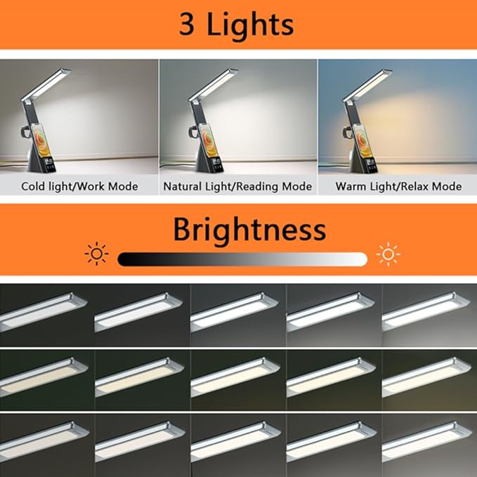 IHAO 6in1 Multifunctional Foldable LED Desk Lamp with Wireless Charger Digital Alarm Clock Eye-Care Lighting 3 Color Modes 15W Qi Charger for Phone/Headphones Compatible with iWatch Charger-N61 White